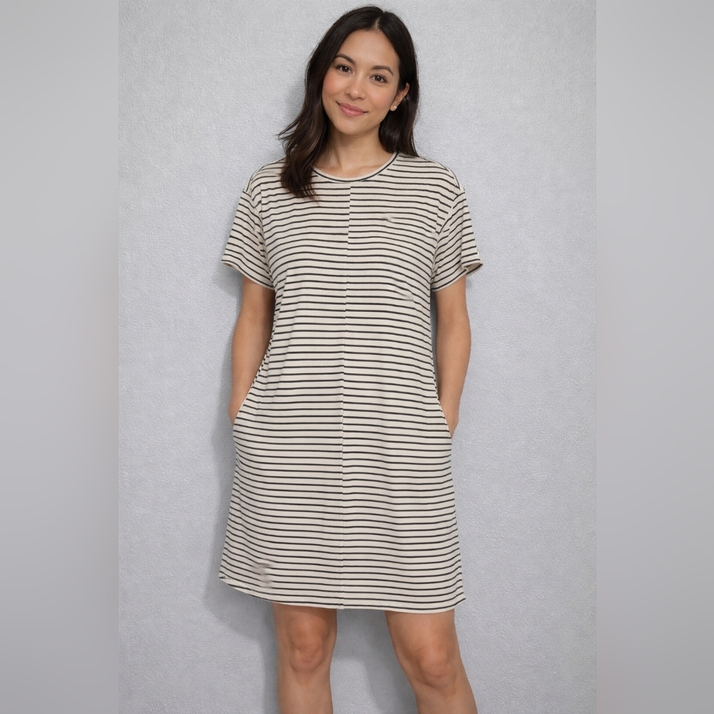 Theory Beige and Black Striped Mini Dress